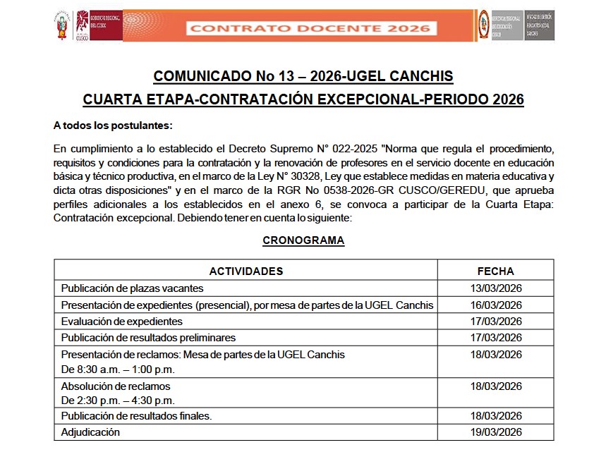 Comunicado N° 13 – 2026-UGEL CANCHIS CUARTA ETAPA-CONTRATACIÓN EXCEPCIONAL-PERIODO 2026